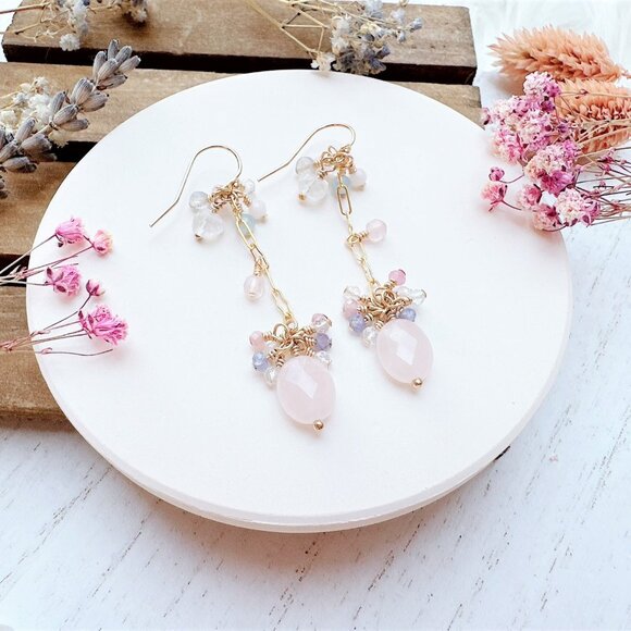 New Handmade Rose Quartz with Tiny Gemstones Cluster Long Dangle Earrings - Picture 1 of 4